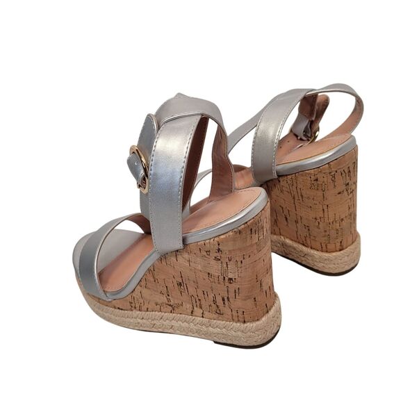 ZBY Cork Wedge Espadrille Sandals Silver Ankle Strap Size 7 New - Picture 5 of 11